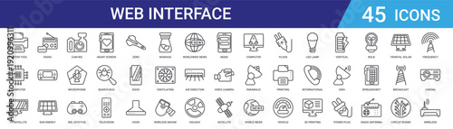 Set of 45 outline web interface icons including multimedia, energy, communication, technology, broadcast, journalism elements. Editable vector line icons for digital design