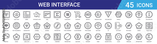 Set of 45 outline web interface icons including star, radioactive warning, documents, cross, drink, network, camera. Thin line vector pack for UI design, mobile apps