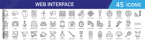 Set of 45 outline web interface icons including household, tools, office, and everyday objects in thin line style for digital design and mobile applications