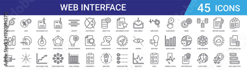 Set of 45 outline web interface icons including save, data analytics, upload, user data, charts, files. Thin line vector icons for web design and mobile applications