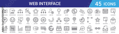 Set of 45 outline web interface icons including analytics, data visualization, charts, user interaction, cloud download, writing tools, and communication symbols. Vector line style