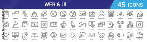 Set of 45 outline web icons including coordinating people, seminar, letters, feedback, photo share, trending, conference. Vector line icons for UI, mobile, web design