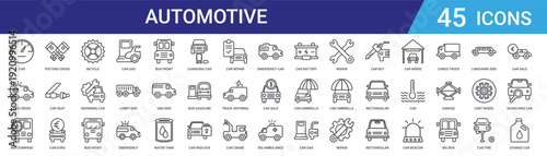 Set of 45 outline automotive and vehicle icons including car at gas station, bus, repair tools, bicycle parts, seat belt, pistons for web design and mobile applications