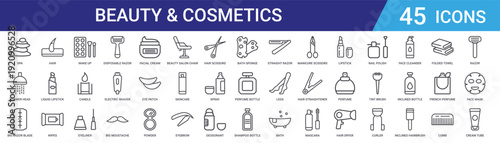 Set of 45 outline beauty and cosmetics icons including makeup, skincare, hair care, bath accessories. Editable stroke vector icons for web and mobile design