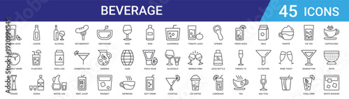 Set of 45 outline beverage icons including cocktails, drinks, alcohol, coffee, juice. Thin line vector icons for web design and mobile apps