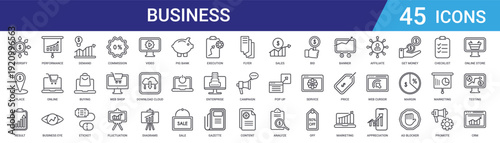 Set of 45 outline business and marketing icons including commission, eticket, buying, demand, analytics, performance. Editable vector line icons for web and mobile app design