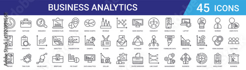 Set of 45 outline business analytics and data visualization icons including charts, graphs, analytics, research, presentation tools for web and mobile interface design