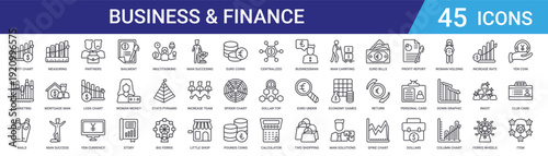 Set of 45 outline business and finance icons including bailment, yen currency, loss chart, partners, success metrics, mortgage. Editable vector line icons for web and mobile apps