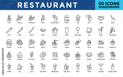 Restaurant icons set with chef, waiter, waitress, host, reservation, menu, bill, tip, glass, cup, coffee icon. Simple hand drawn vector 
