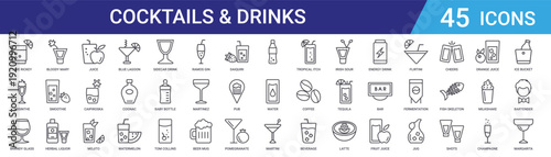 Set of 45 outline cocktail and beverage icons including mojito, martini, juice, smoothie, coffee. Vector line icons for bar, restaurant, menu design