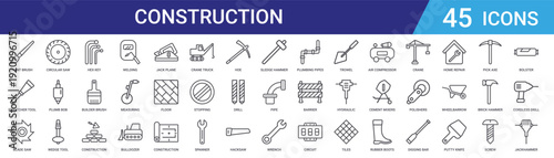 Set of 45 outline construction and tools icons including welding, builder equipment, hex key, circular saw, crane. Vector line icons for web and mobile design