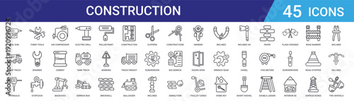 Set of 45 outline construction and tools icons including electric drill, backhoes, cement mixer, air compressor, spanner, wrench for web design and mobile app UI