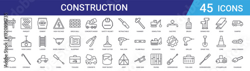 Set of 45 outline construction tools and building icons including ladder, cement, hammer, excavator, safety helmet, concrete mixer. Vector line icons for web design and mobile app