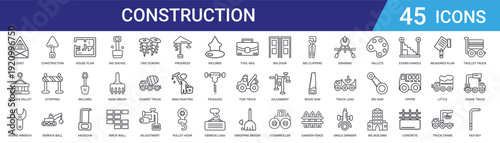 Set of 45 outline construction and tools icons including shovel, hacksaw, house plan, derrick, crane, concrete mixer. Vector line icons for web design and mobile applications