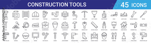 Set of 45 outline construction tools icons including safety helmet, circular saw, tape, ladder, screws, brick, drawing. Vector line icons for web and mobile design