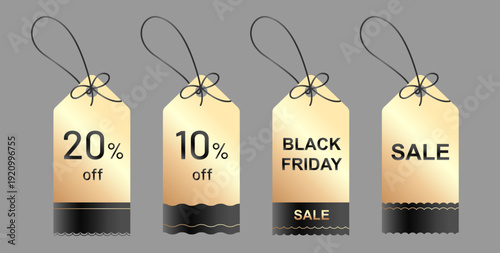 ブラックフライデーやセールで使える高級感のあるゴールドと黒のショッピングタグセット。10%・20%OFFの割引ラベル、値札、キャンペーン用のエレガントなベクターイラスト素材。小売店やECサイトのプロモーションに最適。