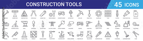Set of 45 outline construction and tools icons including traffic cone, anvil, hand saw, shovel, scale. Vector line icons for web and mobile app design