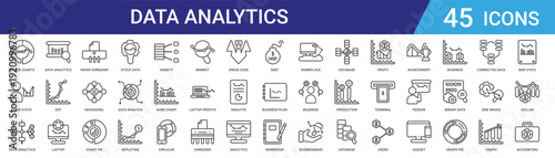 Set of 45 outline data analytics and business intelligence icons including stock analysis, charts, graphs, database, statistics vector icons for web design and mobile applications