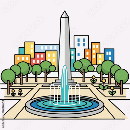 City park with obelisk monument, fountain, and modern city skyline background