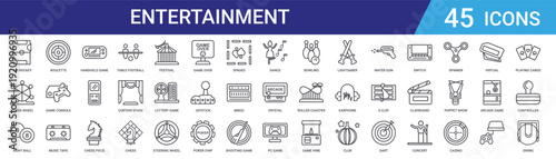 Set of 45 outline entertainment and gaming icons including table football, chess, game console, roulette, music tape, arcade, casino elements for web and mobile design