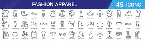 Set of 45 outline fashion clothing apparel icons including gladiator sandal, women socks, denim jacket, platform sandals, circle skirt, cocktail dress. Vector line icons for web and mobile