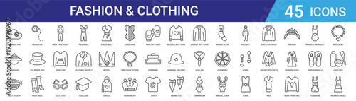Set of 45 outline fashion and clothing icons including pajamas, cat eyes, sweater, tracksuit, boots, hat, monocle. Vector line icons for web and mobile app UI design