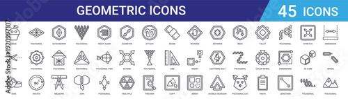 Set of 45 outline web icons including polygonal geometric shapes, diamond triangles, buildings, octahedron, measure, rotate, ornament hexagons, 3D cube, lightning bolt, abstract design elements