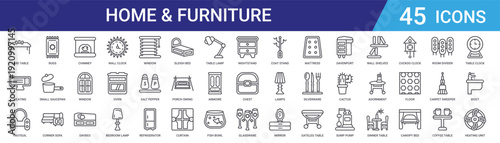 Set of 45 outline home and furniture icons including wall clock, daybed, window, chimney, sofa, saucepan, rugs. Vector line icons for web and mobile design
