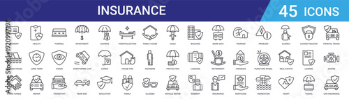 Set of 45 outline insurance icons including investment, transport, vision, funeral, repair, health, travel, property protection vector for web design and mobile app