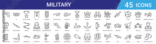 Set of 45 outline military and army icons including weapons, vehicles, equipment in thin line vector style for web and mobile design