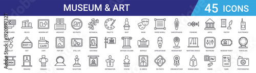 Set of 45 outline museum and art icons including archivist, ceramic, cafe, modern art, relics, exit, sculpture. Vector line icons for web and mobile apps