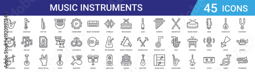 Set of 45 outline music instrument icons including lyre, guitar, drums, saxophone, piano, violin. Editable stroke vector icons for web and mobile design
