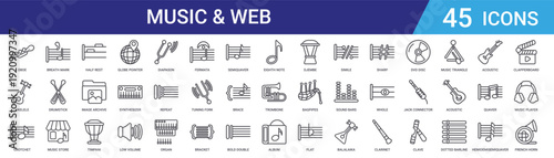 Set of 45 outline web icons including music instruments, audio symbols, globe pointer, image archive. Thin line vector icons for web design, mobile and UI projects