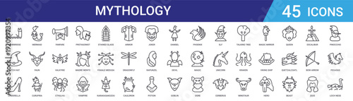 Set of 45 outline mythology and fantasy icons including protagonist, cthulhu, valkyrie, mermaid, unicorn, phoenix. Vector line icons for web and mobile app
