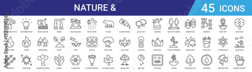 Set of 45 outline nature, environment, and plant vector icons including trees, mountains, flowers, water elements for web design and mobile apps
