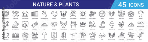 Set of 45 outline nature and environment icons including trees, plants, flowers, landscapes, deforestation, forest fire, park elements for web design and mobile apps