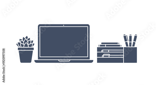 Laptop with Office Supplies and Plant.