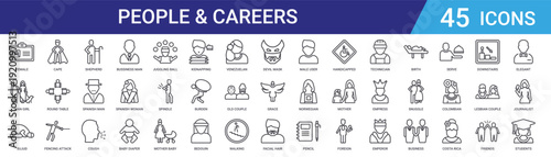 Set of 45 outline people and professions vector icons including businessman, shepherd, fencing, couples, occupations for web design, mobile app UI