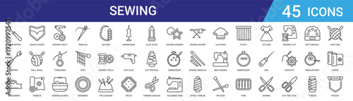 Set of 45 outline sewing and tailoring icons including needles, thread, fabric, embroidery, knitting tools. Editable stroke vector line icons for web and mobile design