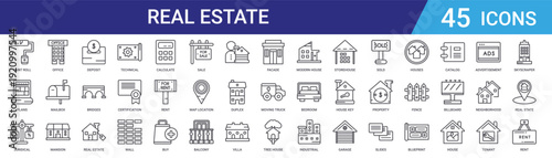 Set of 45 outline real estate and architecture icons including technical drawing, bridges, mansion, mailbox, office building for web design, mobile and UI