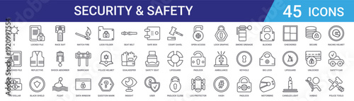 Set of 45 outline web icons including security, safety equipment, emergency, sports protection, fire, lock, shield, vest, helmet vector icons for mobile and web design