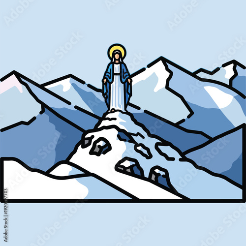 Religious statue of Virgin Mary on snowy mountain peak, serene winter landscape