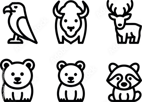 Set of minimalist wild animal icons featuring an eagle bison deer bear and raccoon outlines