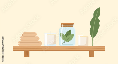 Spa Essentials on Wooden Shelf Illustration.