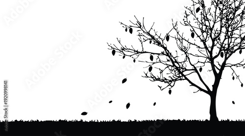 Black silhouette of a lone tree losing leaves in autumn wind with grass field background isolated on white for seasonal nature design vector