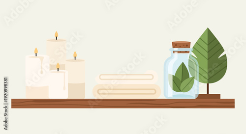 Candles Towels Bottle Plant Spa Items.