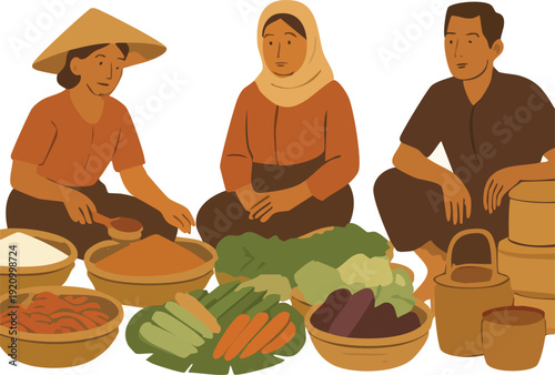 women selling fresh vegetables at a traditional southeast asian street market