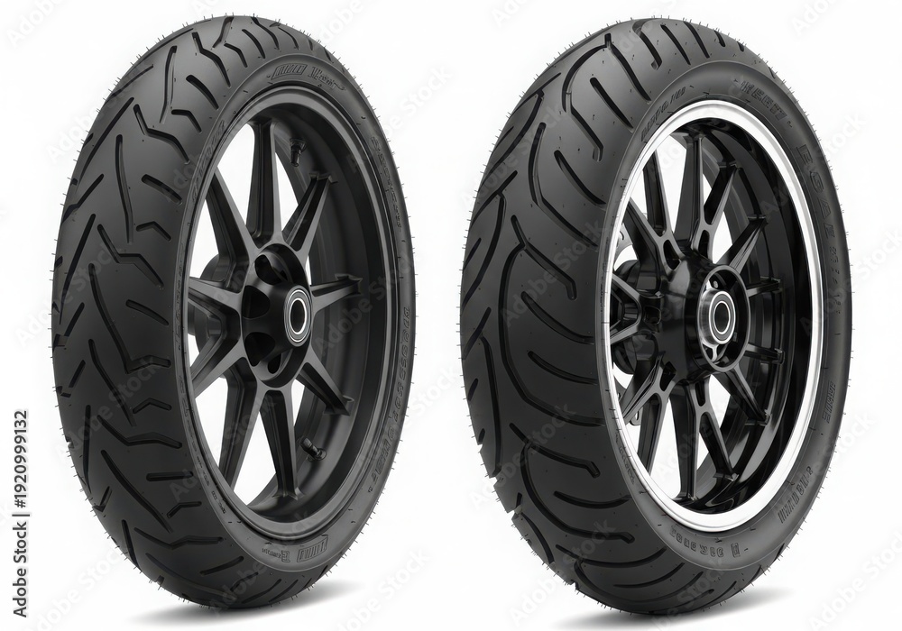 Obraz premium Pair of black motorcycle tires with intricate wheel designs against a white background