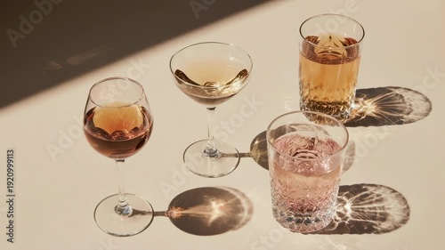 Four drinks in clear glassware cast patterned shadows in warm light