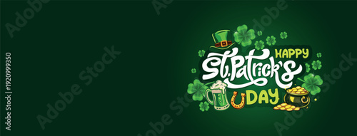 Saint Patricks Day Lettering Design with Shamrock Clover Leprechaun Hat Beer and Gold Irish Holiday Greeting Card Illustration